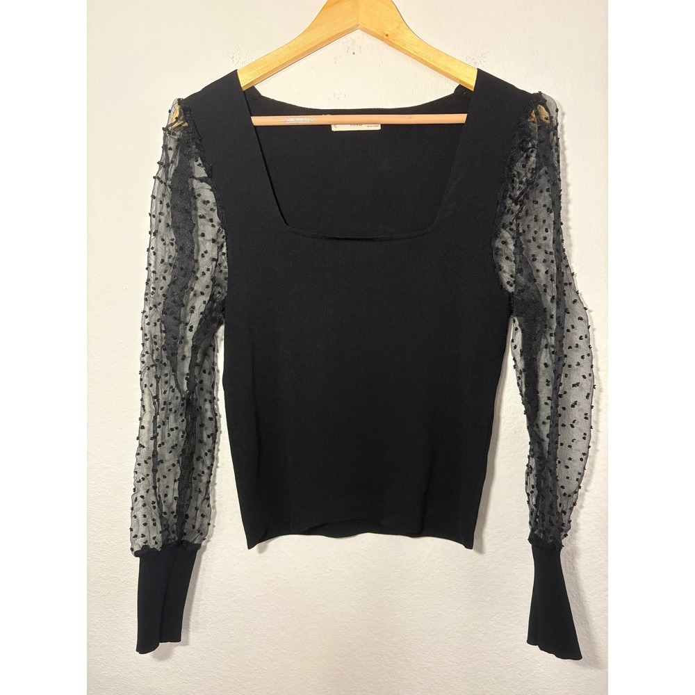 MNG Mango Black Knit Top Square Neck Sheer Swiss Dot Mesh Long Sleeve Large